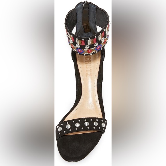 New Schutz Naharis Black Leather Embellished Dress Sandal with Block Heel Size 6 - Picture 4 of 5